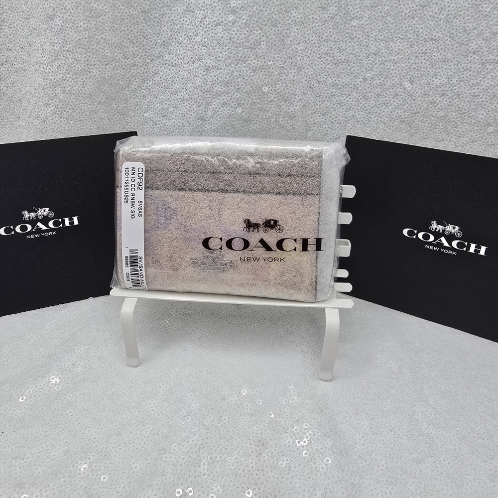 Coach Mini Skinny ID Credit Card Case Pastel Rainbow Signature Canvas Key Ring - Picture 7 of 9